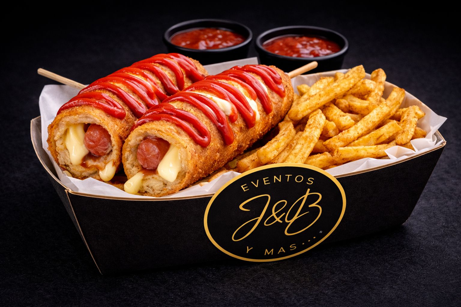 Corn dog especial con papas y salsas para eventos
